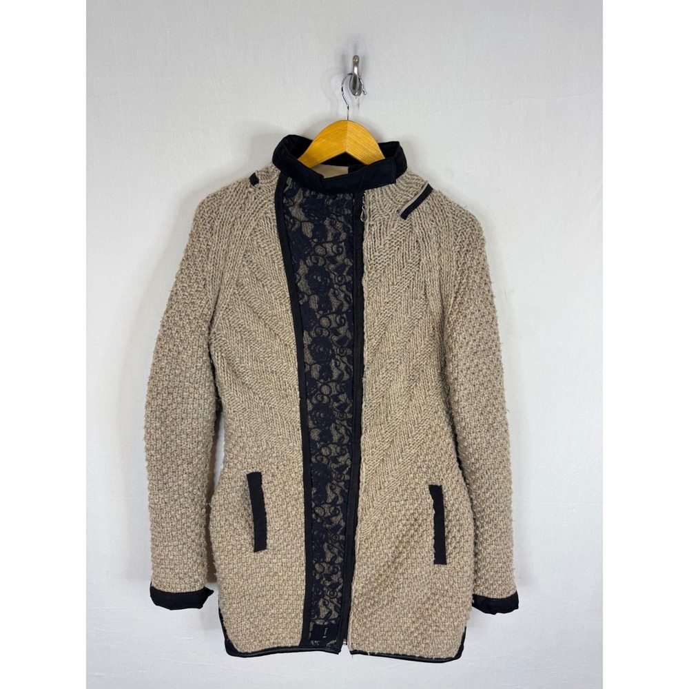 Urku Wool Blend Knit Lace Trim Zip Up Sweater Jacket Tan Black Large